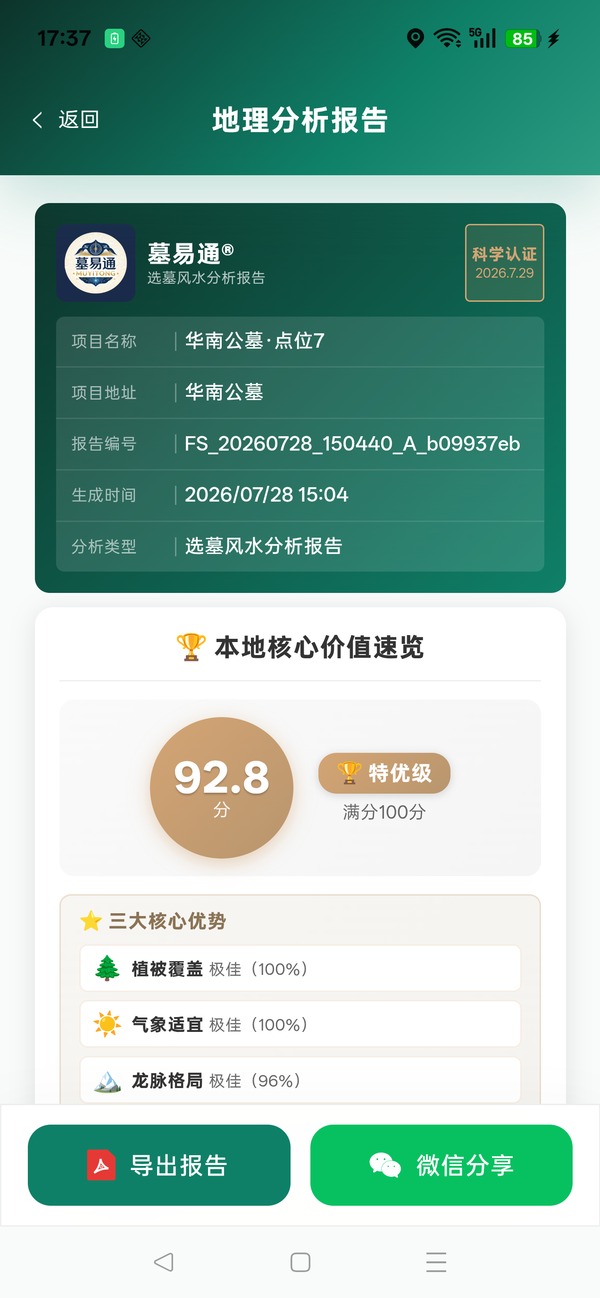 墓易通 App 报告详情界面
